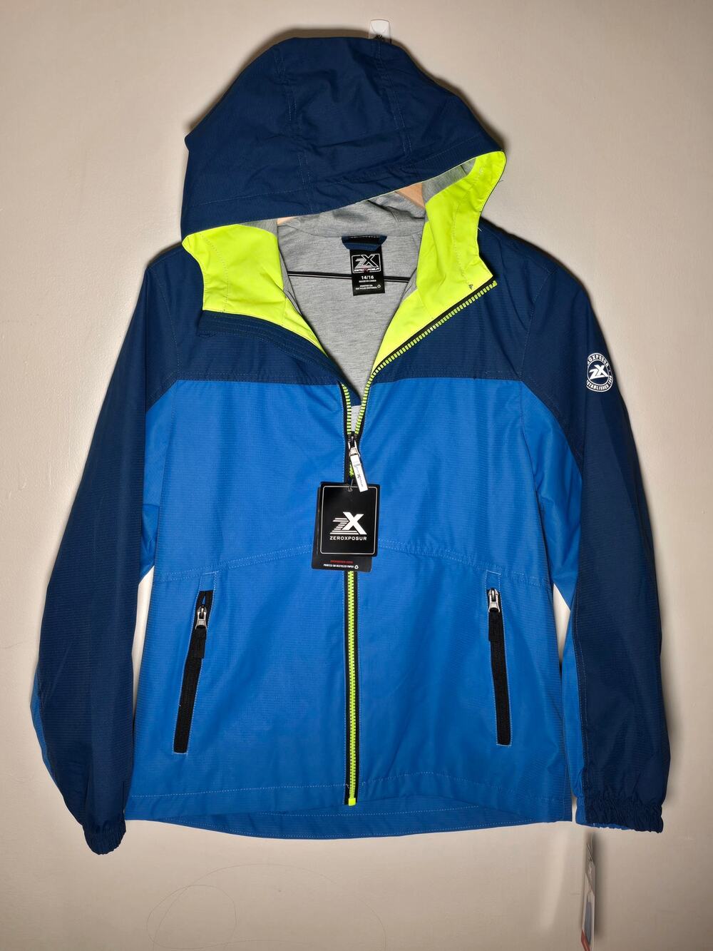 ZeroXposur Boys 14/16 Blue Hooded Windbreaker Rain Jacket NWT